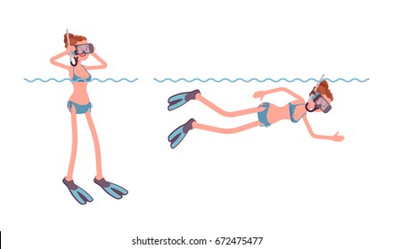 Female swimmer snorkeling under water with mask, tube and flippers, teaching right techniques, exploring underwater, summer activity. Vector flat style cartoon illustration, isolated, white background