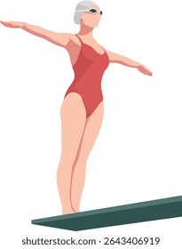A female swimmer stands on the diving board, preparing to jump into the pool.