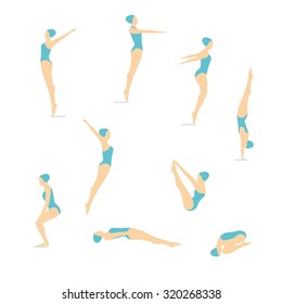 Female Swimming and Diving Color Vector images. Women's position diving.Elements isolated on a white background.