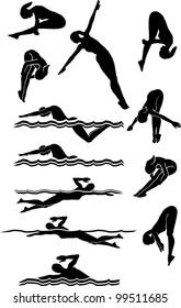 Female Swimming and Diving Silhouettes Vector Images