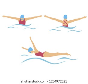 Female Swimming. Swimming woman vector illustration ront view, back view,  profile view. 