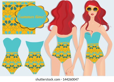 Female swimsuit design with  pattern set and  fashion girl