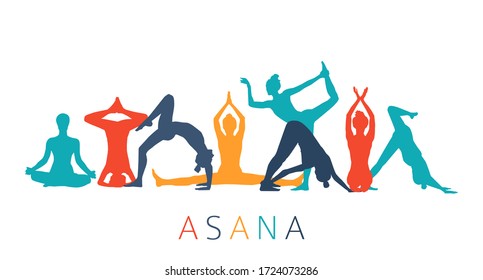 Female in swimsuit in different yoga positions. Woman silhouette making stretching exercises vector. Colorful girl silhouettes in yoga poses on white background.