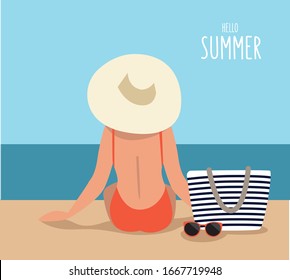 Mujer en traje de baño y sombrero con brim en la playa. Concepto de verano y vacaciones. Ilustración vectorial plana.