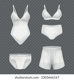 Female swimsuit and male shorts and swimming trunks white set at transparent background realistic vector illustration