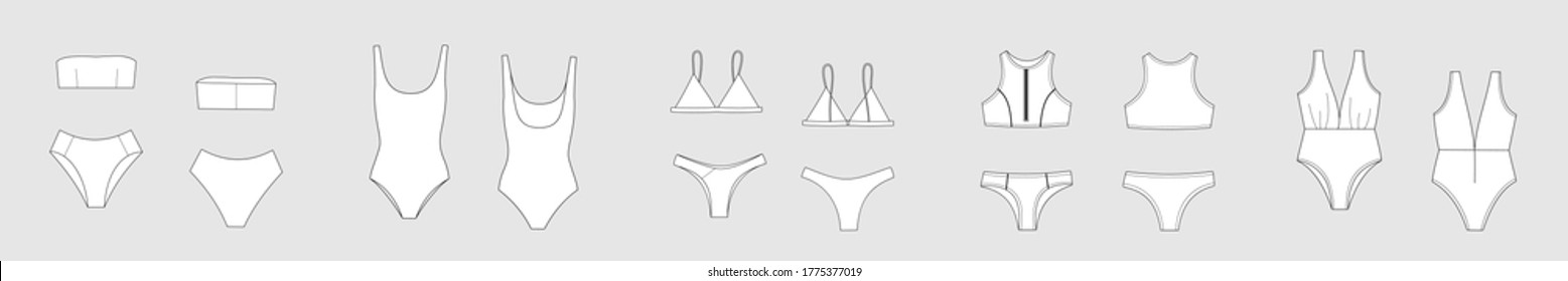 Female swimsuit. Set of female vector template isolated on a grey background. Front and back view. Outline fashion technical sketch of clothes model.