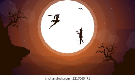 female swordsman duel. float witch. two swordsmen fighting. female swordsman jumps to attack. duel. sunset walpaper. fantasy background.
