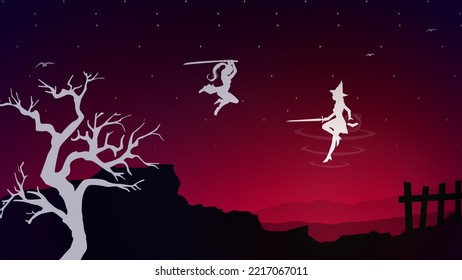 female swordsman duel. float witch. two swordsmen fighting. sunset walpaper. sword mage. fight. 