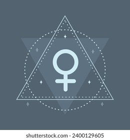 Female symbol in boho style. Gender icon with stars and moon. Vector illustration isolated on blue background.