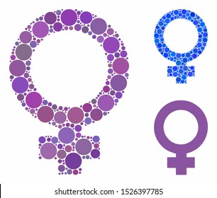 Female symbol composition for female symbol icon of round dots in various sizes and color tones. Vector round elements are combined into blue composition.