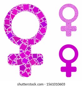 Female symbol composition of unequal items in variable sizes and shades, based on female symbol icon. Vector irregular items are organized into composition.