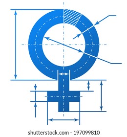 Female symbol with dimension lines. Element of blueprint drawing in shape of woman sign. Vector image about women's biology and health, feminine psychology (mother, wife), sex differences, gender role