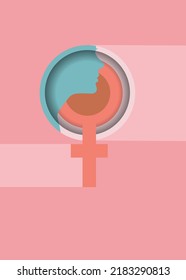 Female symbol and female face for cover, social media. Papercut design using pastel color. International woman day, mother day and related female design