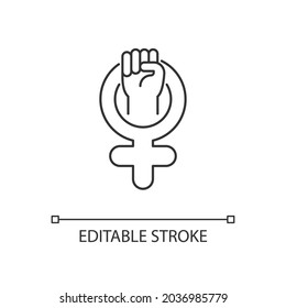 Female symbol linear icon. Pride in sisterhood. Clenched fist in venus sign. Self respect. Thin line customizable illustration. Contour symbol. Vector isolated outline drawing. Editable stroke