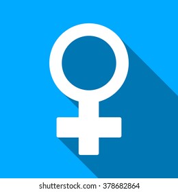 Female Symbol long shadow vector icon. Style is a flat light symbol with rounded angles on a blue square background.