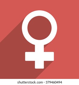 Female Symbol long shadow vector icon. Style is a flat light symbol with rounded angles on a red square background.