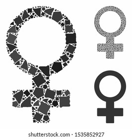 Mosaico de símbolos femeninos de elementos rugosos en diferentes tamaños y sombras, basado en icono de símbolo femenino. Los puntos de los baches vectoriales se componen en mosaico. Collage de iconos de símbolo femenino con patrón punteado.