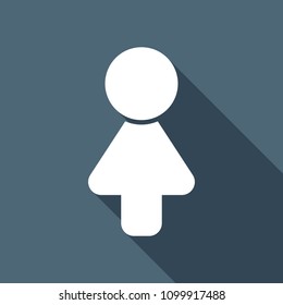 Female symbol. Simple icon of woman. White flat icon with long shadow on background