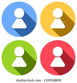 Female symbol. Simple icon of woman. Set of white icons with long shadow on blue, orange, green and red colored circles. Sticker style
