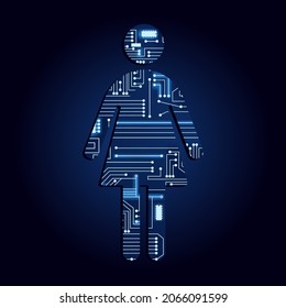 Frauensymbol mit technologischer Elektronik. Blauer Hintergrund.