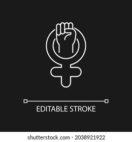 Female symbol white linear icon for dark theme. Pride in sisterhood. Clenched fist in venus sign. Thin line customizable illustration. Isolated vector contour symbol for night mode. Editable stroke
