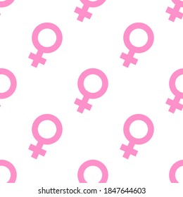 Female symbols seamless pattern on white background. Pink female signs for girl power background. Vector illustration.