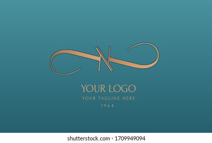 Female symetric monogram N for a beauty center. Logo vector linear initials NK. Emblem design on turquoise background. Lettering business logotype.