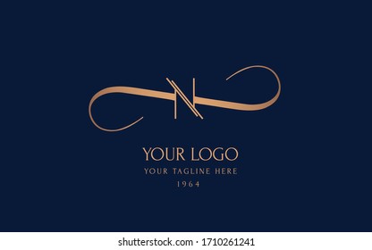 Female symetric monogram N for a beauty center. Logo vector linear initials NK. Emblem design on blue background. Lettering business logotype.