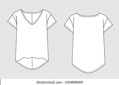 Female t - shirt vector template isolated on a grey background. Front and back view. Outline fashion technical sketch of clothes model.