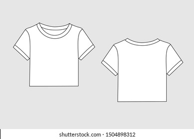 Female t - shirt vector template isolated on a grey background. Front and back view. Outline fashion technical sketch of clothes model.