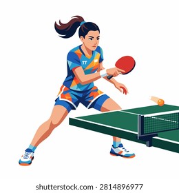 Female table tennis player getting ready to hit the ping pong ball, vector illustration isolated on white background. Dynamic action pose of a professional female athlete in competition.
