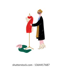 Female Tailor Character Sewing Dress on Dressmakers Dummy. Vector Illustration