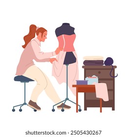 Female tailor and fashion designer sewing dress. Young woman working with fabric on mannequin to sew clothes, professional seamstress dressmaking at atelier workplace cartoon vector illustration