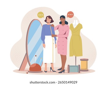 Female tailor measuring a woman's outfit in a fashion studio, surrounded by sewing tools and a mannequin, on a light artistic background. Concept of tailoring. Vector illustration