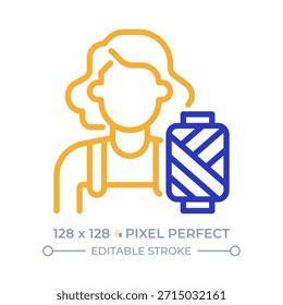 Weibliche Schneider Pixel perfekt zwei Farben Linie Symbol. Professionelle Näherin mit Fadenspule. Dressmaker Job bicolor Umrisssymbol. Lineares Piktogramm mit Duoton. Isolierte Abbildung. Bearbeitbarer Strich