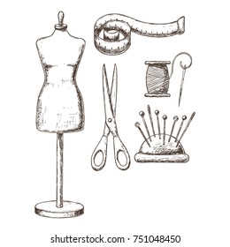Female tailors dummy and accessories for sewing, sketch illustration of accessories for sewing. Vector