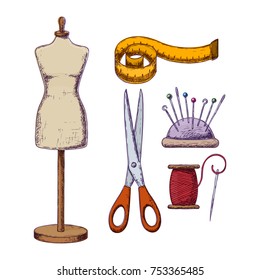 Female tailors dummy and accessories for sewing. Vector