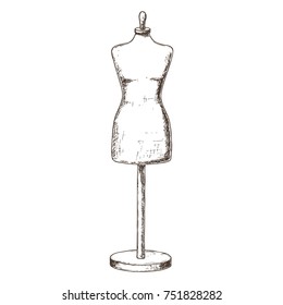 Female tailors dummy on white background, sketch illustration of accessories for handicrafts. Vector