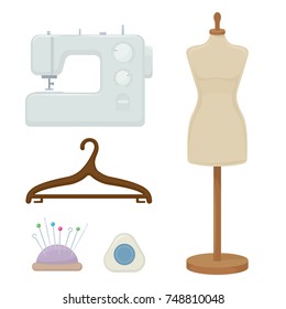 Female tailors dummy, sewing machine, hanger, cartoon illustration of tool for for sewing. Vector