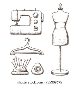 Female tailors dummy, sewing machine, hanger, sketch illustration of accessories for sewing. Vector