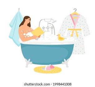 Female take bath. Relaxation, woman read book in bathroom. Girl evening relax vector scene