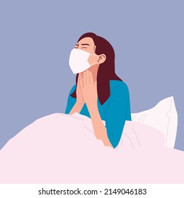 female take a bed rest wearing mask and holding throat