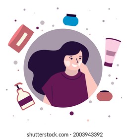 Female takes care of skin. Woman applying face mask. Concept of self care and improving condition of skin. Different cosmetics products around girl. Skincare routine. Cruelty free. Vector illustration