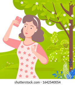 Female taking selfie with help of smartphone, woman on nature with trees. Photo on blooming tree background, meadow with greenery and bushes foliage. Vector illustration in flat cartoon style