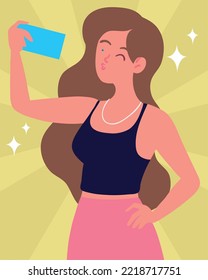 female taking selfie with smartphone, vector design