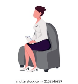 Female Talk Show Host Sitting In Armchair Semi Flat Color Vector Character. Posing Figure. Full Body Person On White. Simple Cartoon Style Illustration For Web Graphic Design And Animation