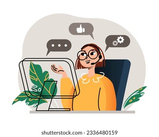 Female talking with costumers and giving advices. Online help for costumers concept. Employees working in call center. Technical global support online. Flat vector illustration in cartoon style