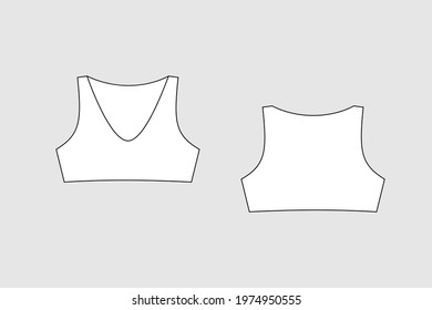 Female tank top, bra vector template isolated on a grey background. Front and back view. Outline fashion technical sketch of clothes model.