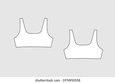 Female tank top, bra vector template isolated on a grey background. Front and back view. Outline fashion technical sketch of clothes model.