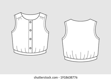 Female tank top with buttons vector template isolated on a grey background. Front and back view. Outline fashion technical sketch of clothes model.